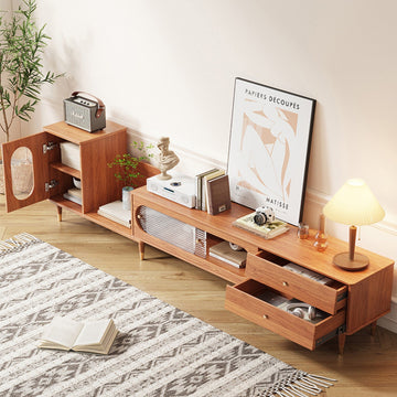 Rectangle Wood Extendable TV Stand with Bookshelf & Storage Drawers